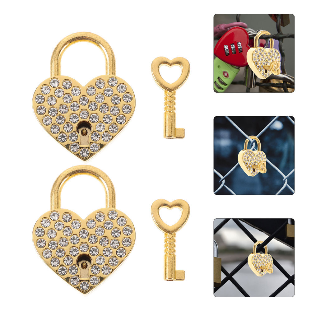 2Pcs Rhinestones Padlock Small Heart Shaped Metal Decorative Lock with Keys