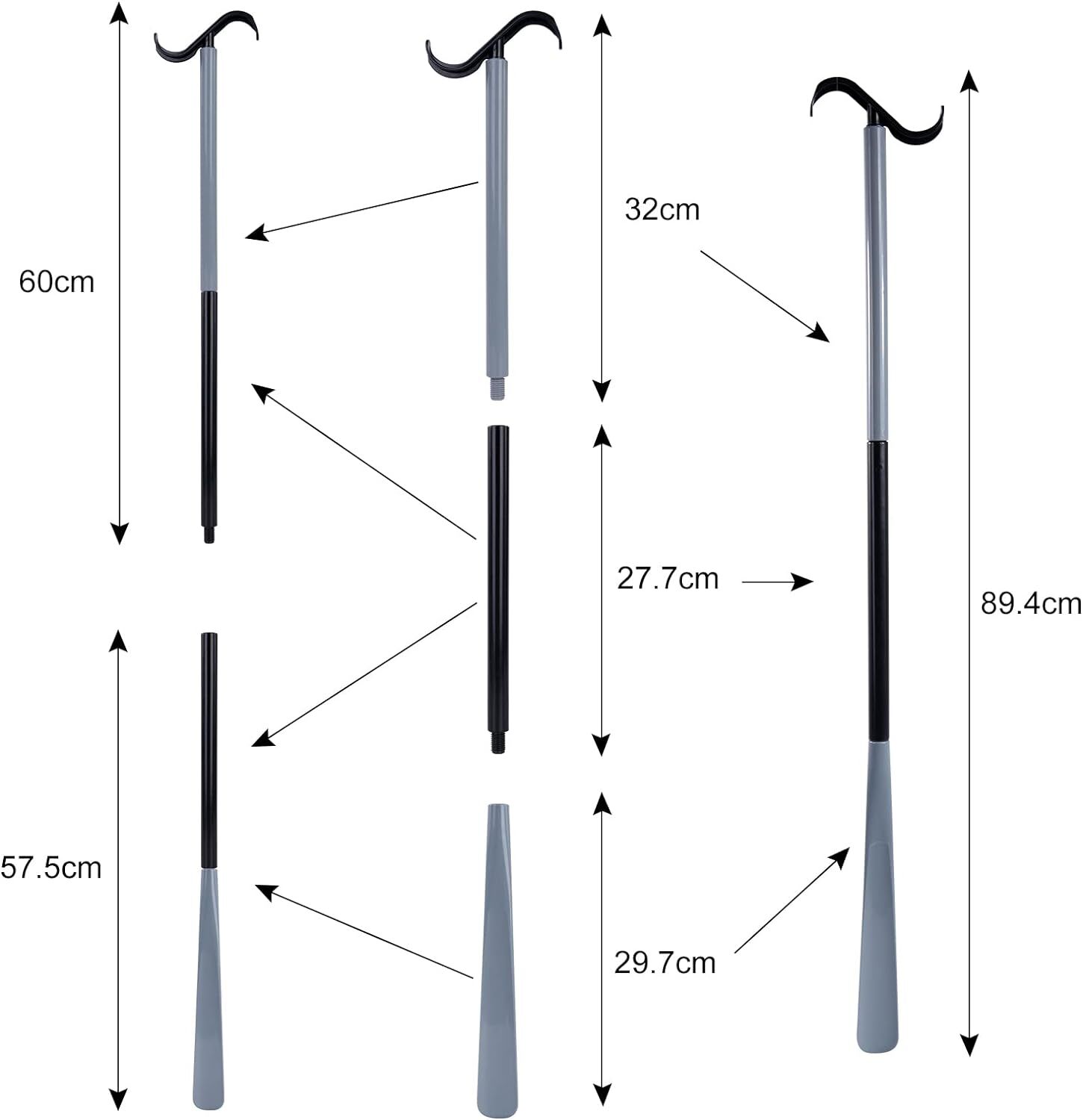 35" Long Dressing Stick With Shoe Horn With Sock Removal Tool, Adjustable Extend