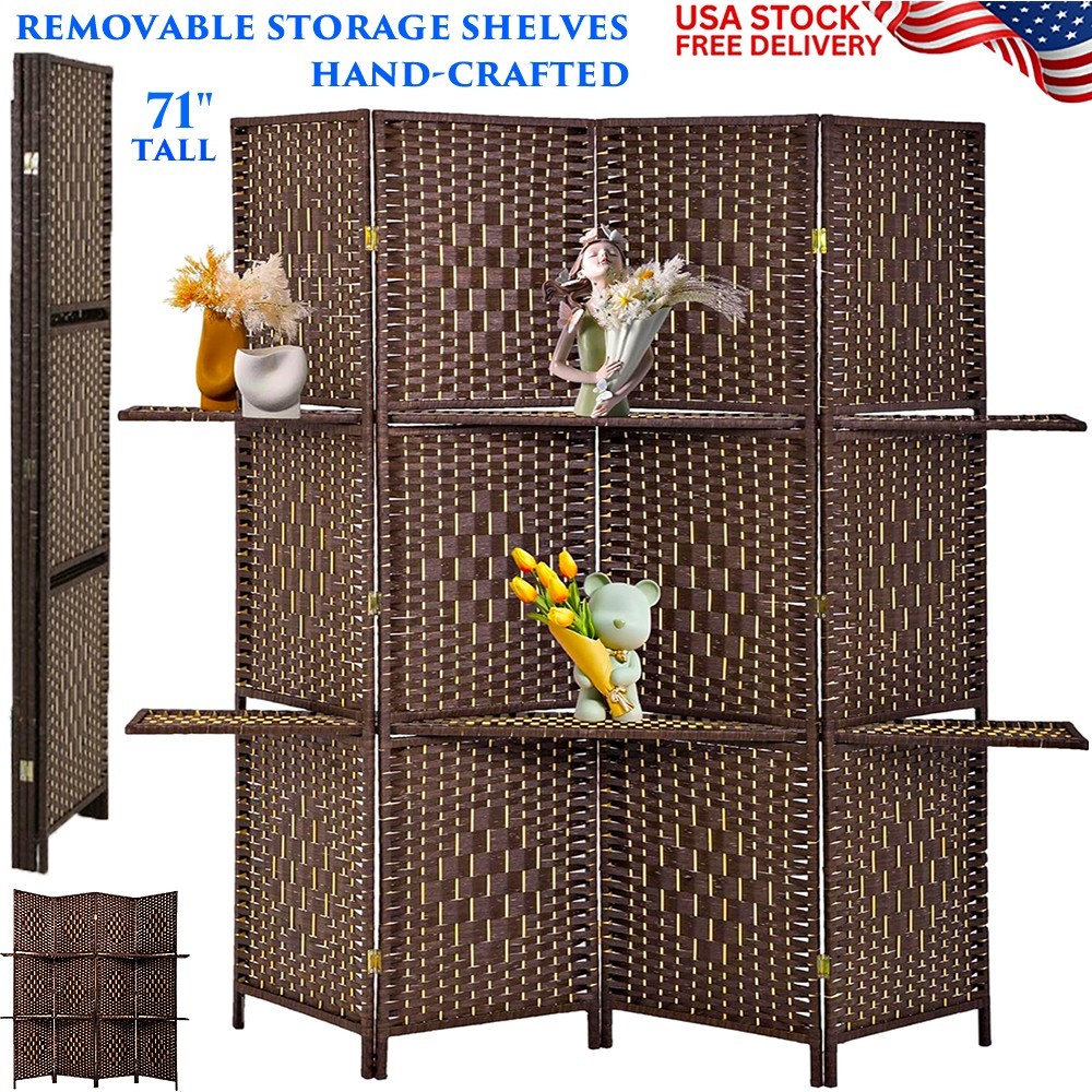 4 PANEL WOOD ROOM DIVIDER FOLDING PRIVACY SCREEN PEGBOARD WITH SHELVES BROWN 71"