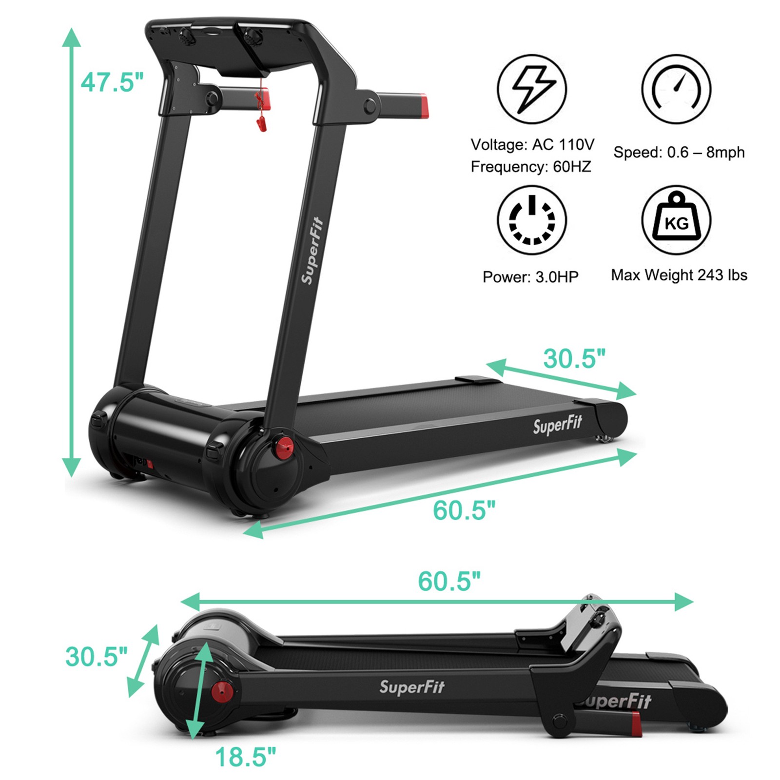 Folding Electric Treadmill 3.0HP Exercise Running Machine w/ App Control Red