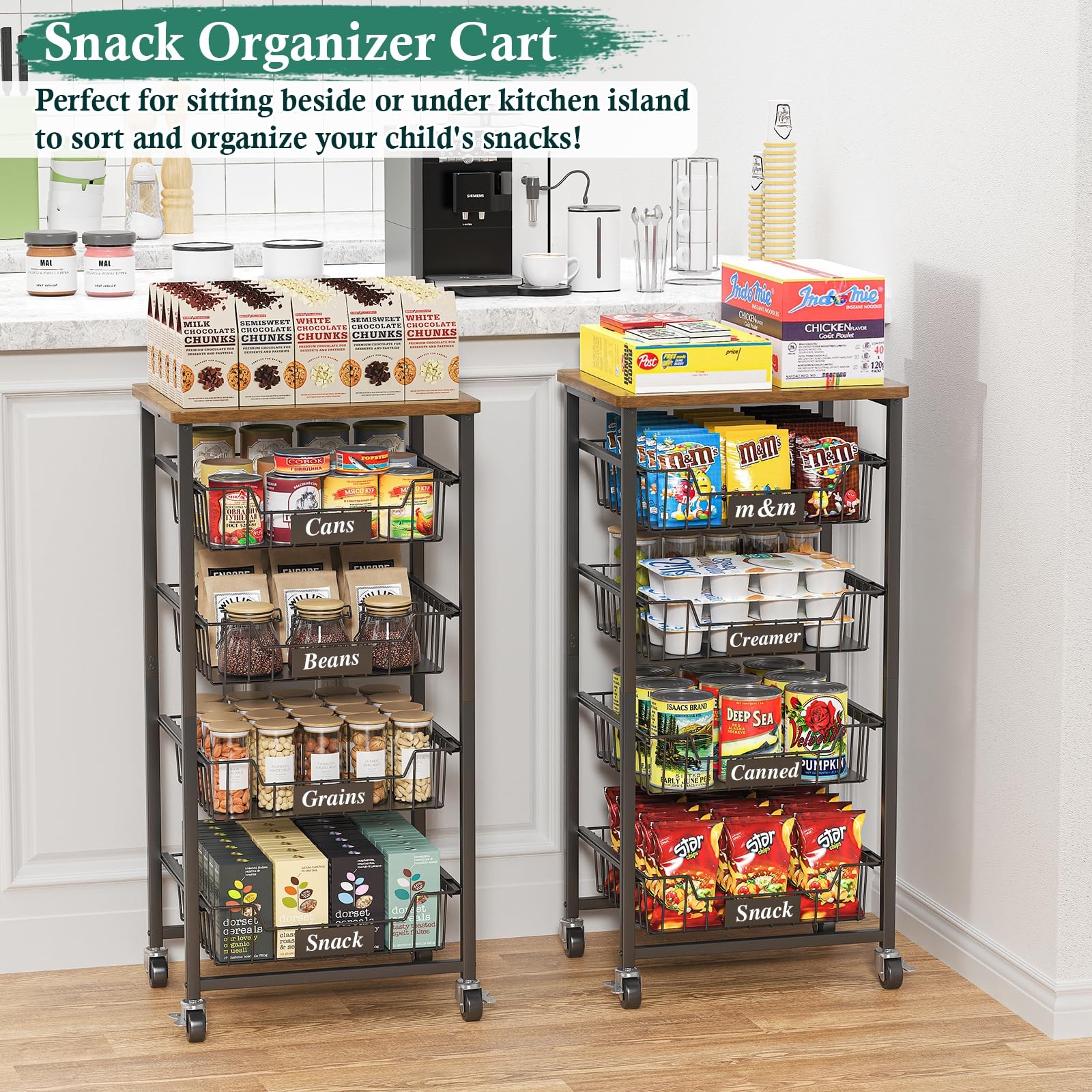 Fruit Basket, 5-Tier Utility Kitchen Organizer and Storage Cart with Pull-Out...