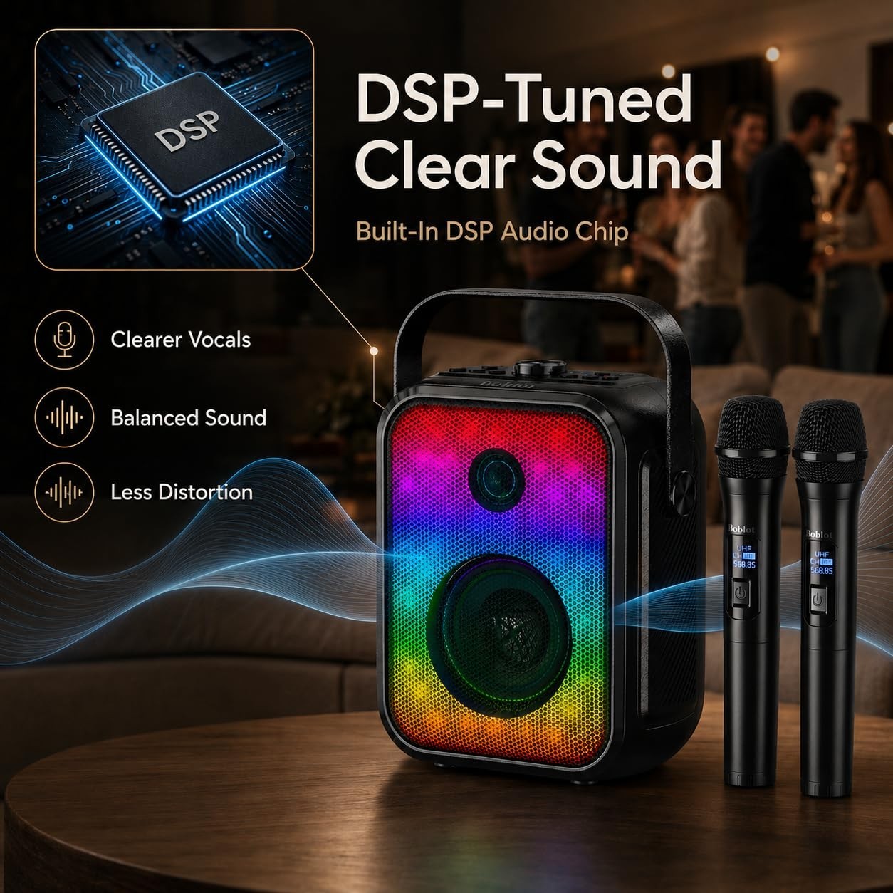 Portable Karaoke Machine with 2 Wireless Microphones, Bluetooth Speaker, LED, FM