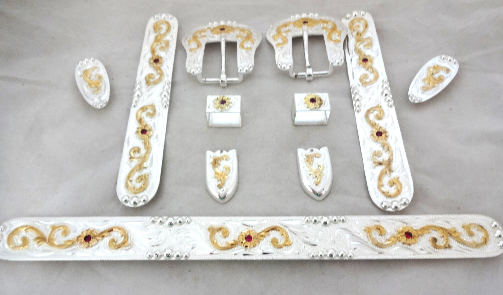 Vegas 11 Piece Silver Plate Red Stones Western Halter Set Buckles Hansen Horse