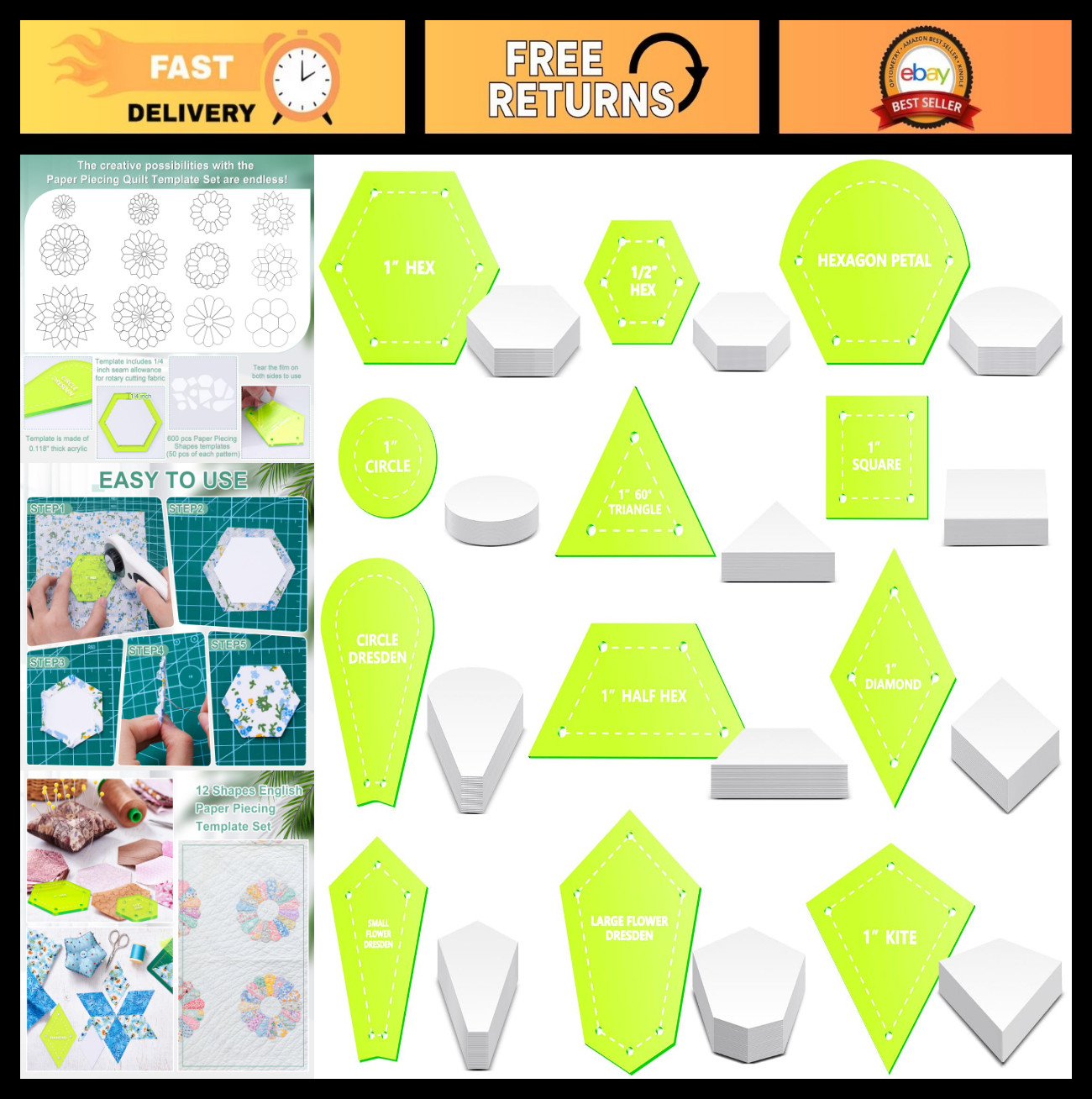612 Pcs Patchwork Paper Piecing Supplies - 12 Acrylic Templates & 600 Papers for