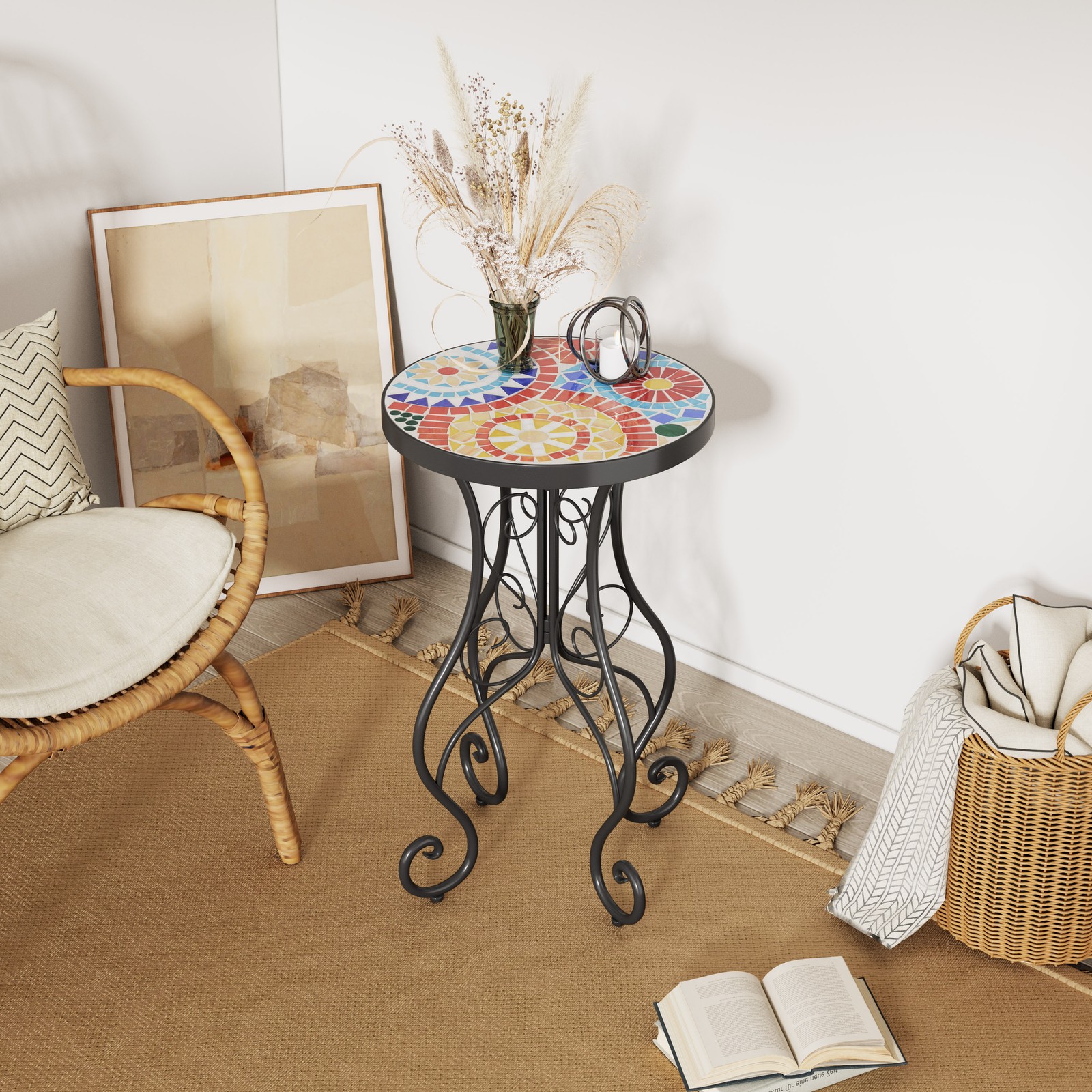 Outdoor Side Table with Ceramic Tile Top, Black Frame 14x14x22.44 in