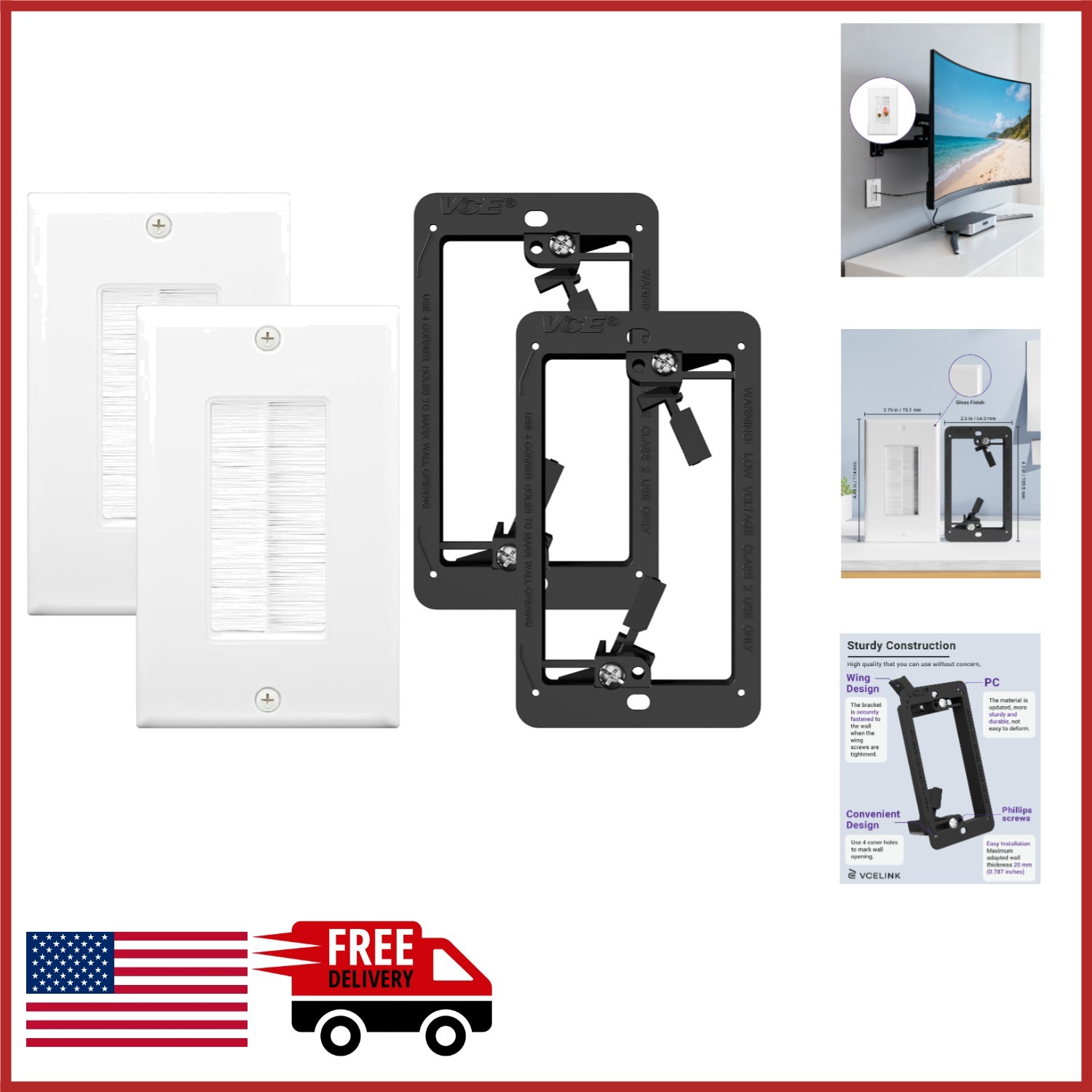 Cable Pass Through Wall Plate for Low Voltage Cables - Easy Install White 2-Pack