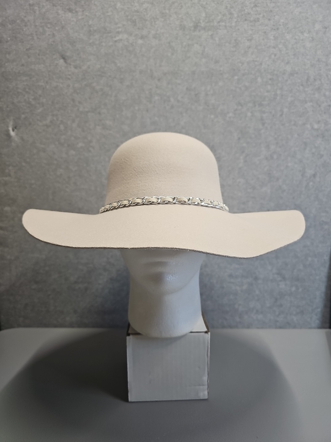 Ladies Ivory Color Polyester Hat With Black Faux Leather And Metal Wove Hat Band