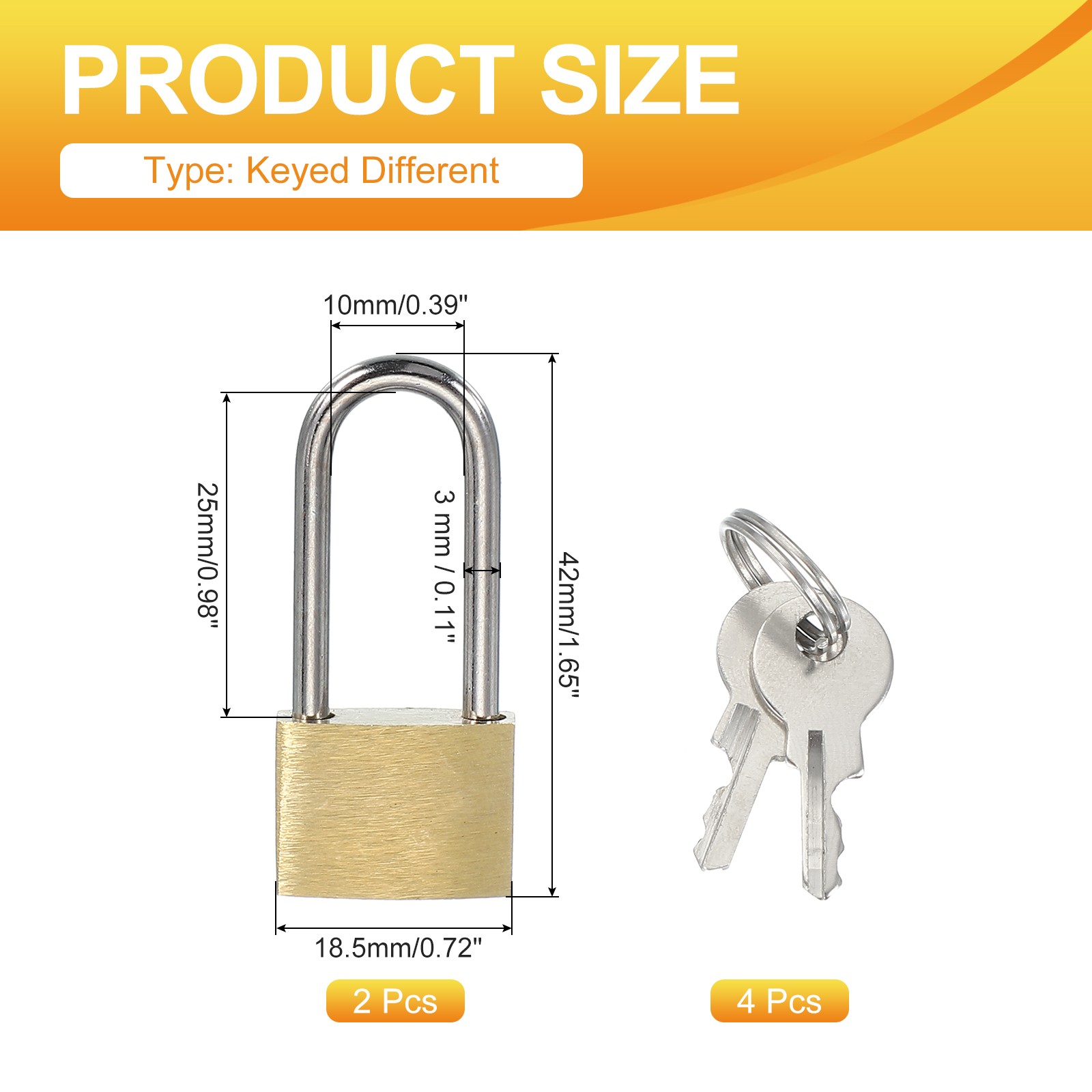 2 x Solid Brass Padlocks 1.6" Long Shackle Lock with 2 Keys