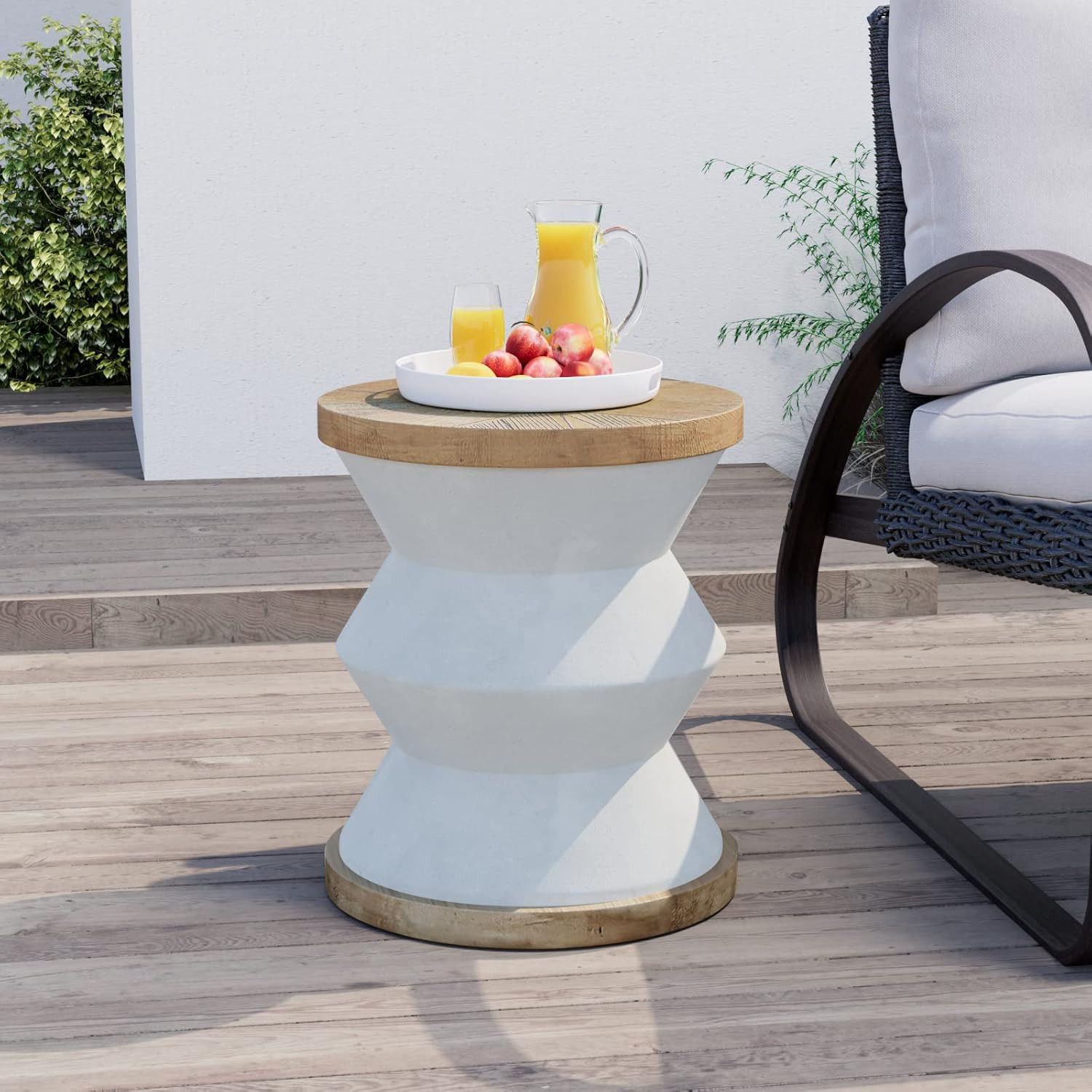 White Outdoor Side Table, round Mgo Concrete End Patio Side Table, Lightweight C