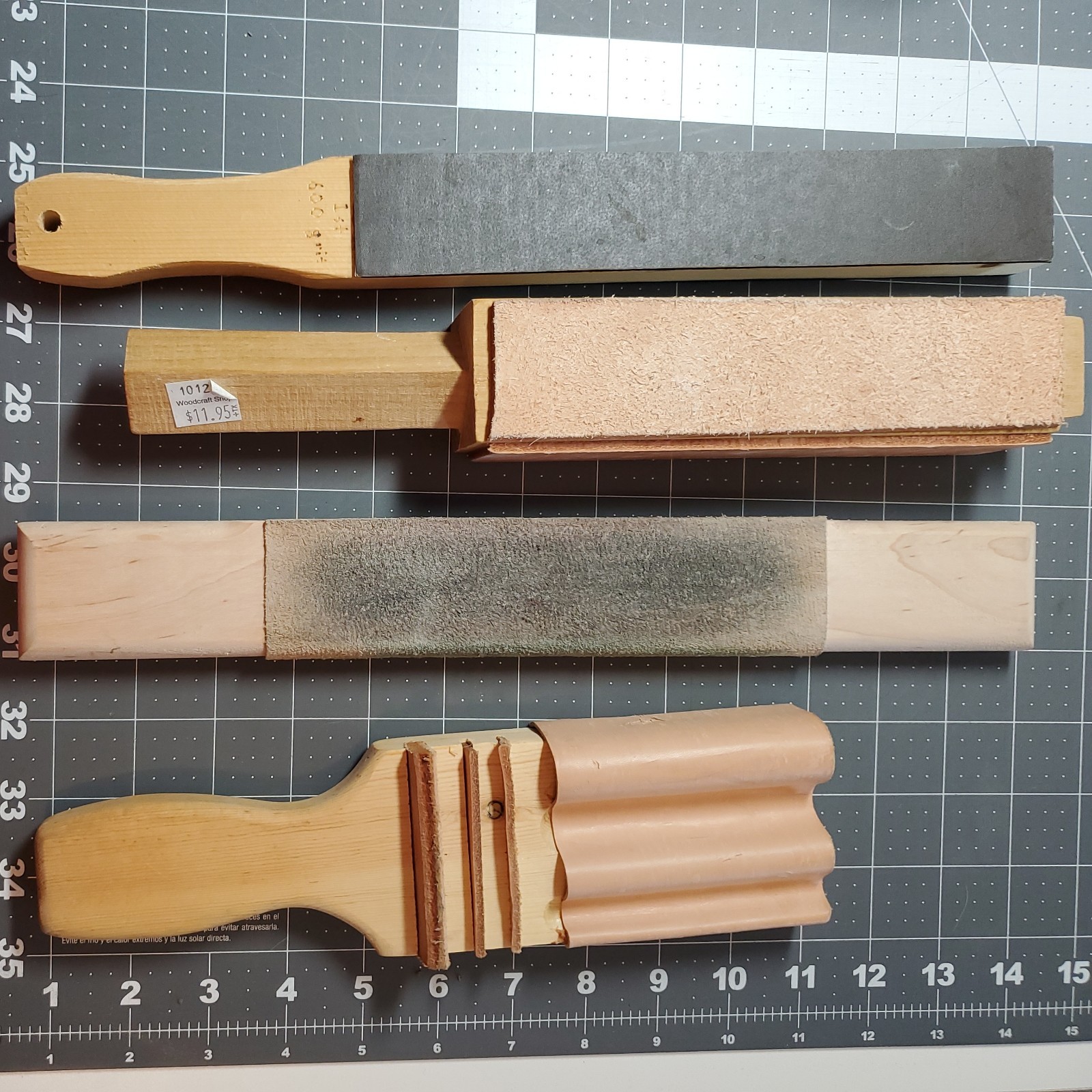 4 Woodworking tools- Stropping Paddles and Stropping Gauge- Sandpaper and cloth