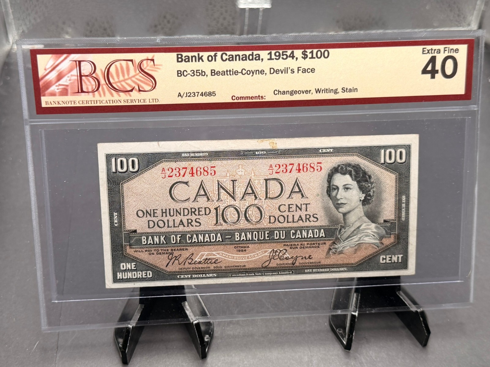 1954 Bank of Canada $100 Devils Face Bank Note BCS Graded EF-40 SN# AJ2374685