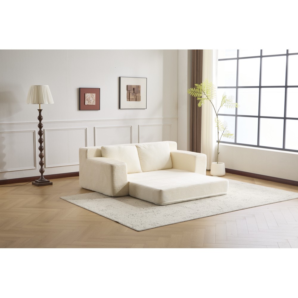 Modern Loveseat Sofa Bed w/Reversible Cushion & Pillows, White Corduroy