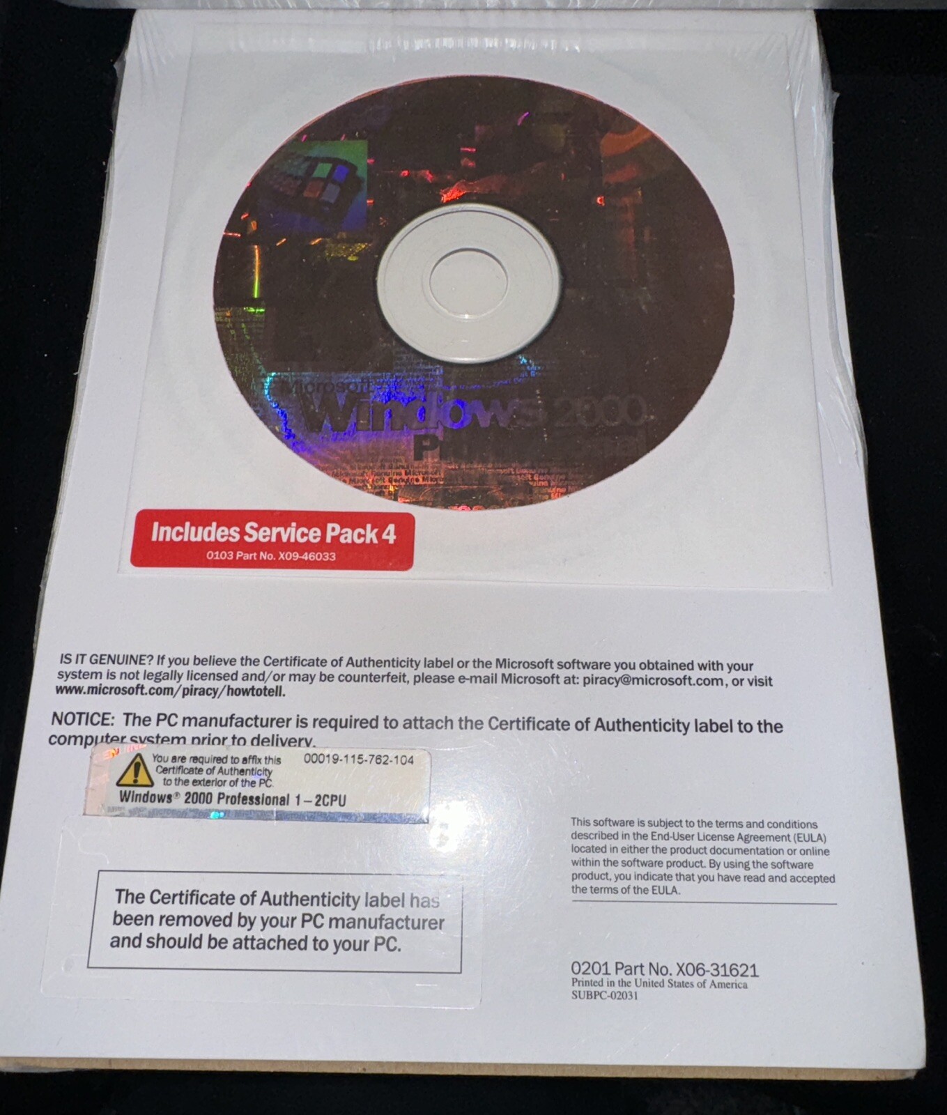 MICROSOFT WINDOWS 2000 PROFESSIONAL OPERATING SYSTEM MS WIN PRO NO PRODUCT KEY