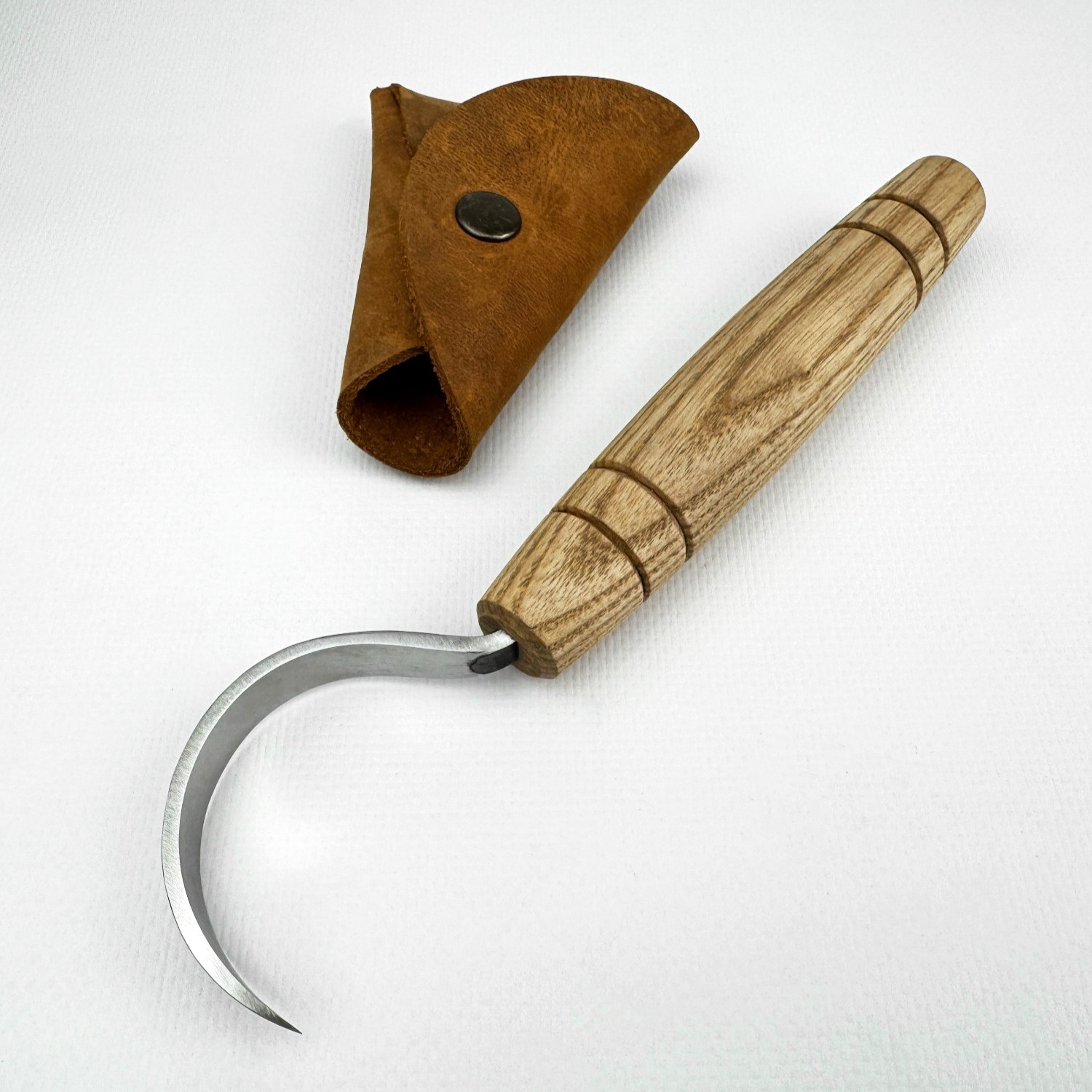 Hand-Forged Hook Knife with Sheath – 52100 Steel, Ash Handle, For Spoon Carving