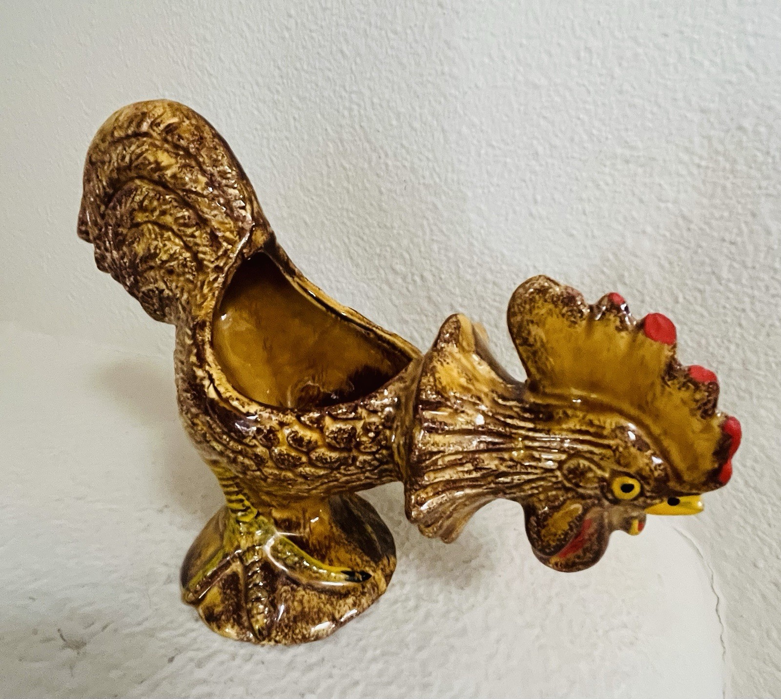 Vintage Mid Century Drip Glaze Ceramic Rooster Planter, Unmarked