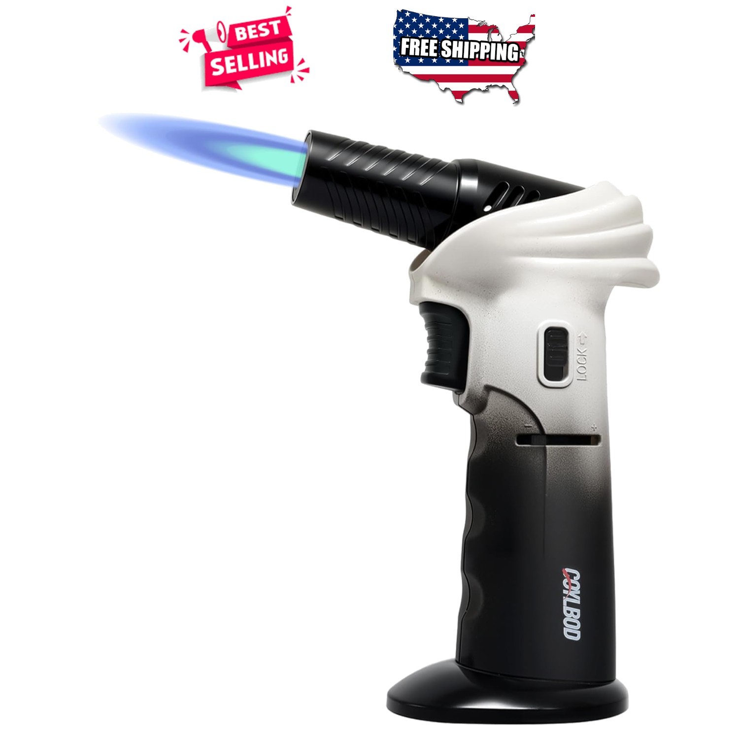 Butane Torch Lighter Adjustable Flame Refillable 0-90° Rotating Head White Black