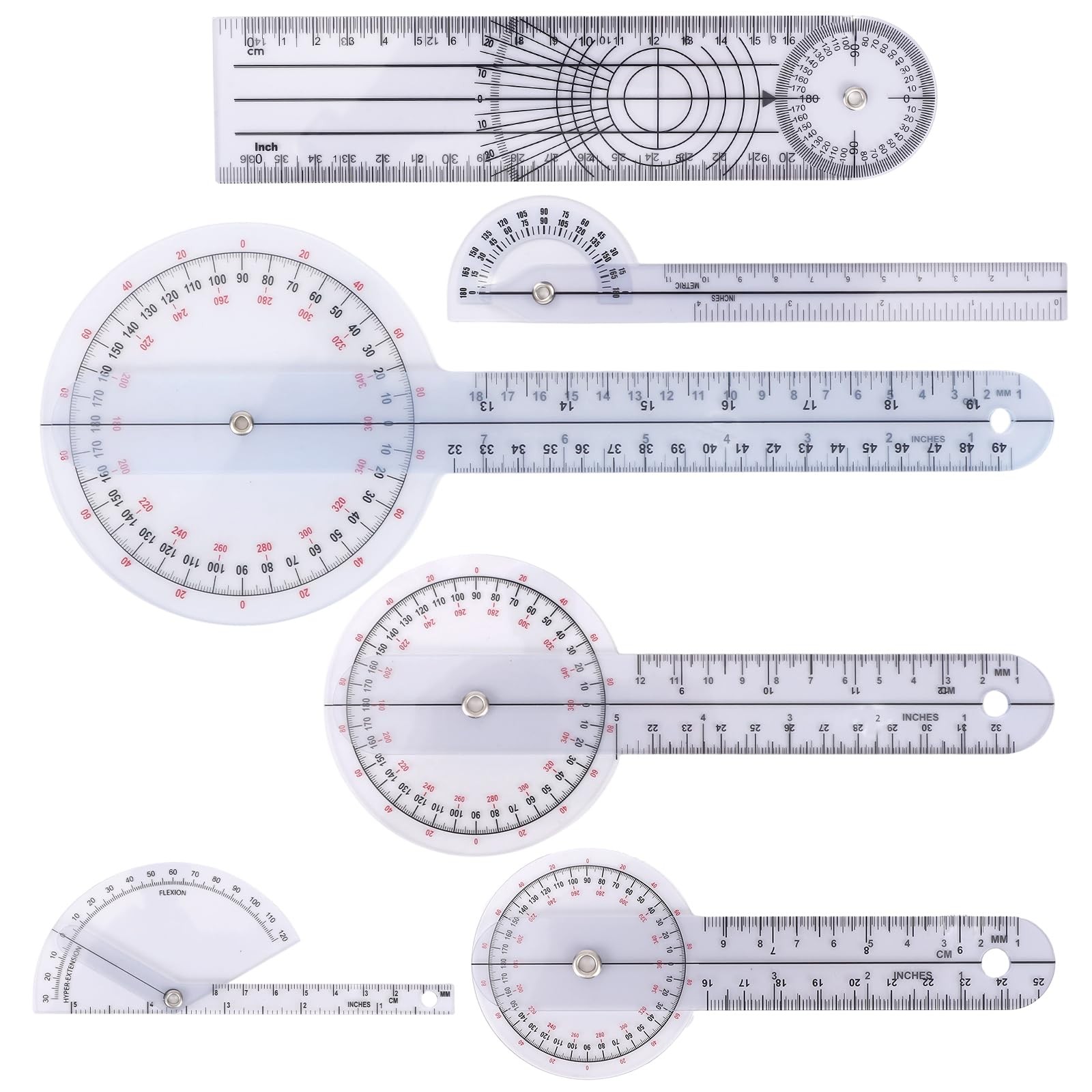 6 PCS Goniometer Set 360 Degree Transparent Angle Ruler Protractor 6/8/12"