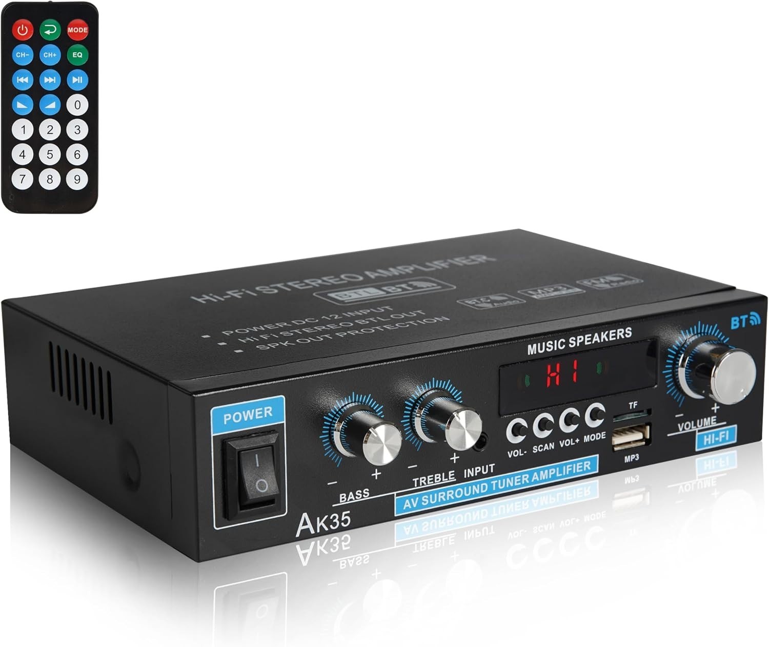 Amplificador Bluetooth 5.0 100Wx2 USB SD FM AUX estéreo 2.0para hogar y coche Ne