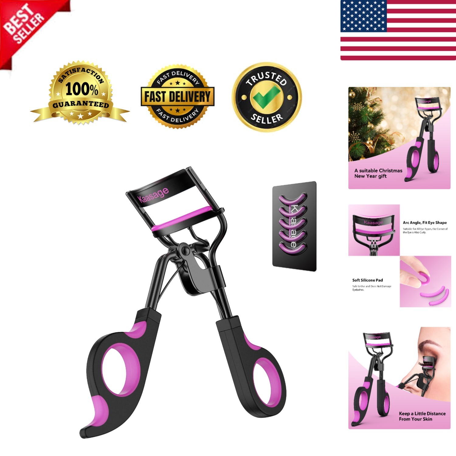 Stainless Steel Eyelash Curler with 5 Soft Silicone Pads - Beautiful Curls Fast