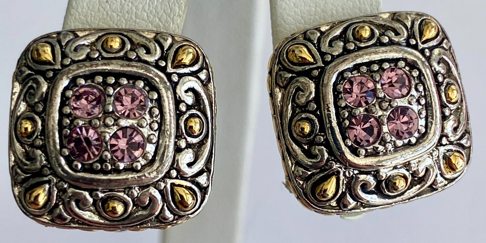 Vintage Ornate Pink Rhinestone Clip On Earrings Square Gold Silver Tone