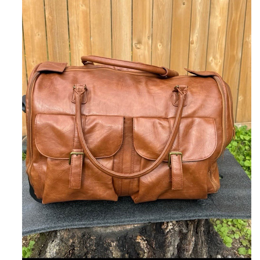 Brown Leather Wheeled Suitcase with Telescopic Handle and Exterior Pockets