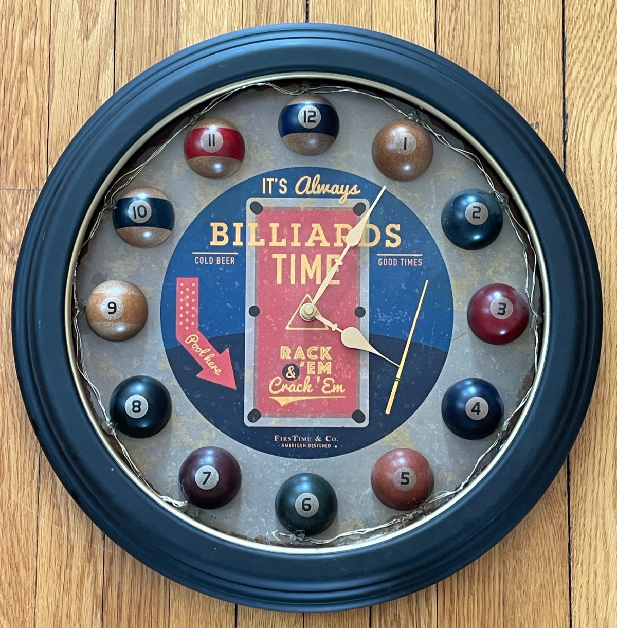 Vintage Billiards Time Wall Clock by FirsTime & Co Pool GameRoom Tested Working