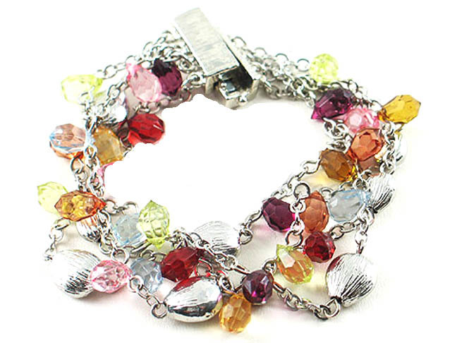 Rhodium Silver MultiColored Faux Briolettes Bracelet W/ Fancy Magnetic Clasp
