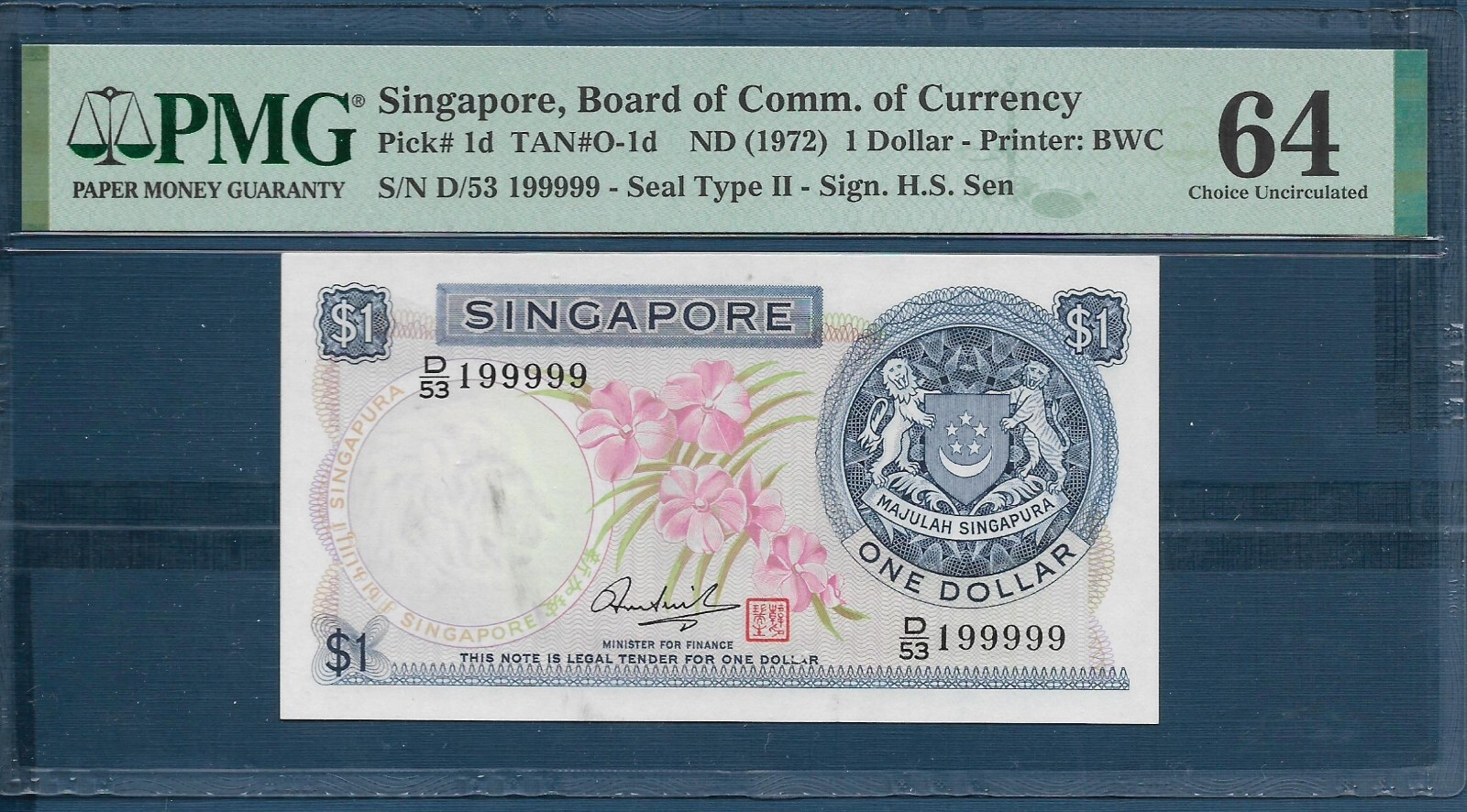 Singapore 1st Series 1 Dollar, 1972, P 1d, Fancy S/N : 199999, PMG 64 UNC