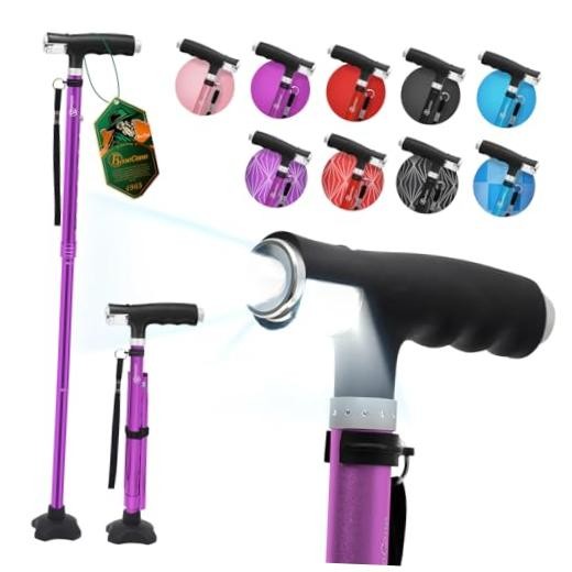 Walking Cane for Women Folding Cane for Men with Two Led Lights Quad Purple