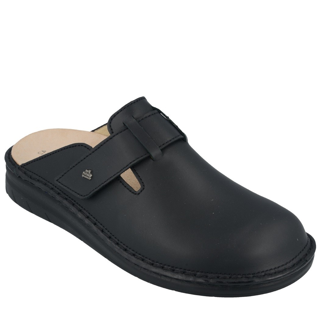 FINN COMFORT PETARE SCHWARZ MEN'S CLOSED SLIPPERS SANDALS IN BLACK LEATHER CLOGS