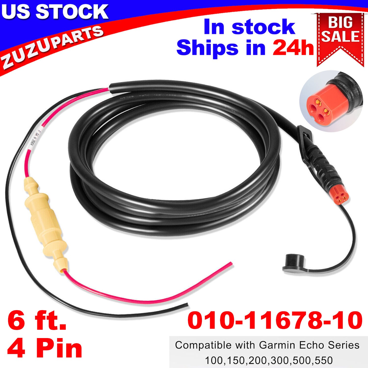 010-11678-10 6 ft. 4-Pin Power Cord Cable Fit for Garmin Echo Series 100 150 200