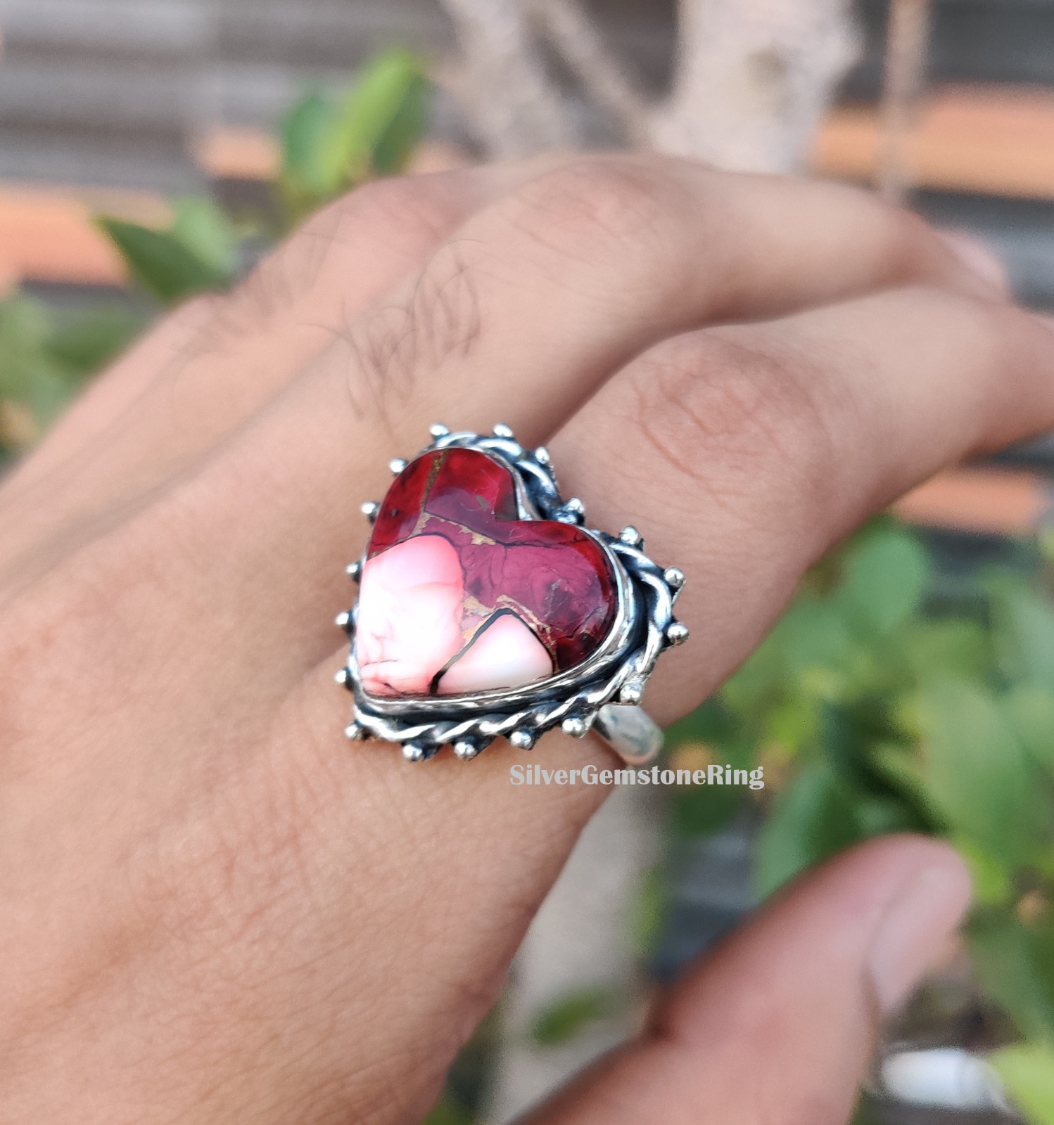 Unique Red Dahlia Mohave Turquoise Gemstone 925 Sterling Silver Heart Ring MK*