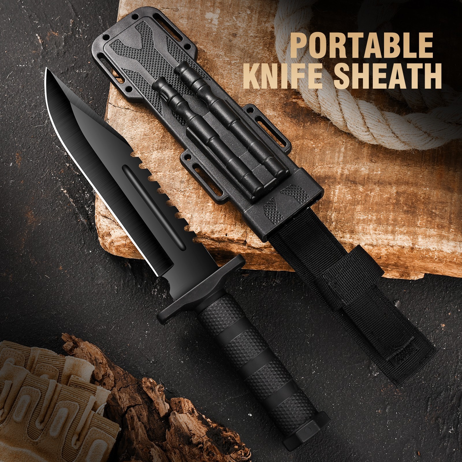 Textured Handle & Nylon Sheath for Outdoor – 5Cr Serrated Fixed Blade Knife