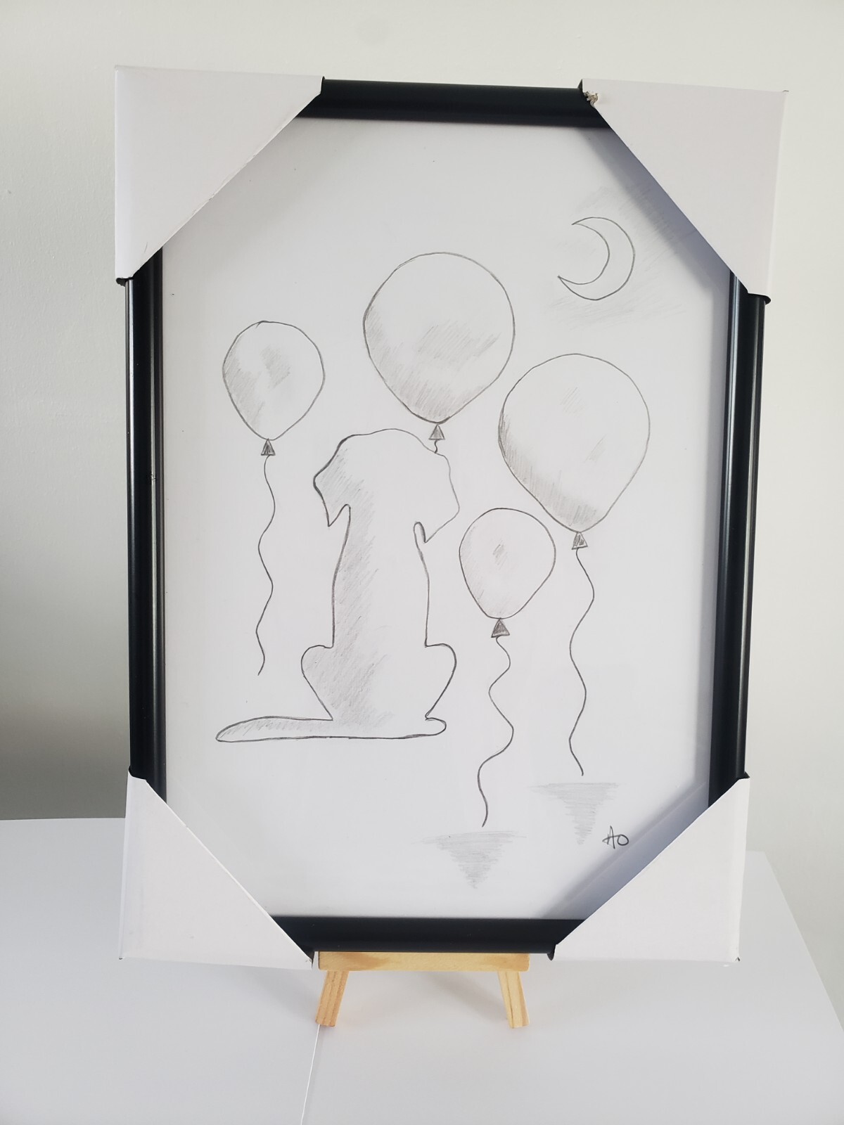 Original dog silhouette with balloons art charcoal and pencil drawing