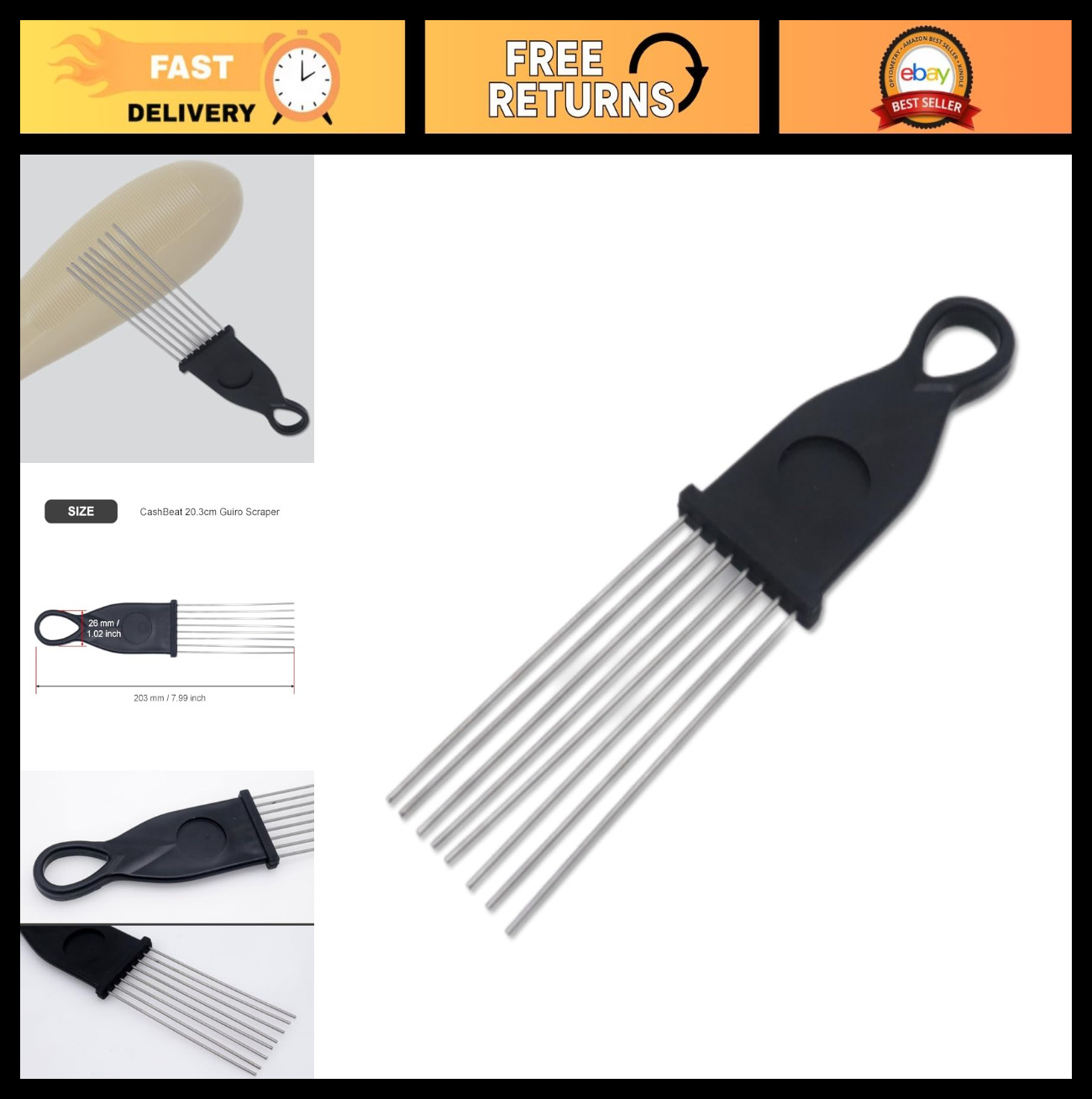20.3cm Guiro Scraper with 2.6cm Handle - Latin Percussion Accessory, 8 Steel Rod