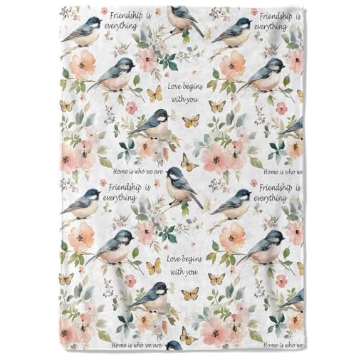 Cute Fleece Blanket - 50x60in Rustic Flower Butterfly Throw 50x60 Inch Bird