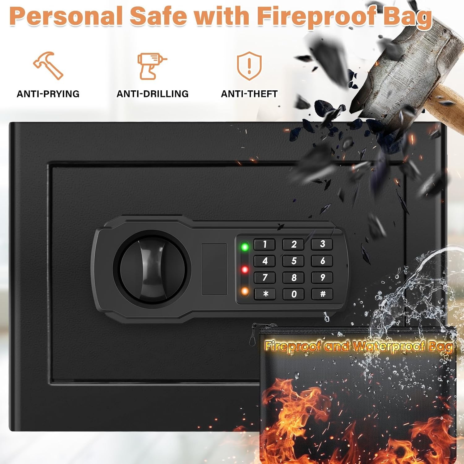9.84" Tall Small Fireproof Safe Box, 1.2 Cu Ft Security Home Safe