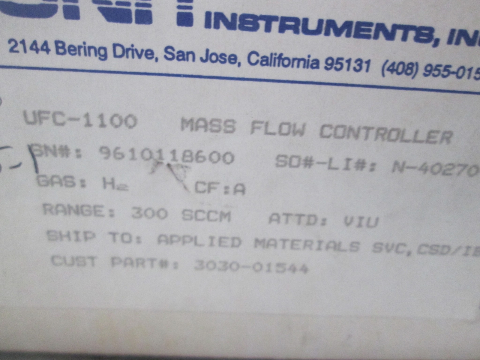 Unit, UFC-1100, Mass Flow Controller, He, 300 SCCM, New