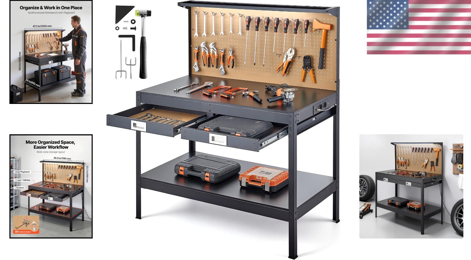Robust 47.2-Inch Workbench with Drawers, AC Outlets & USB for Enhanced Workspace