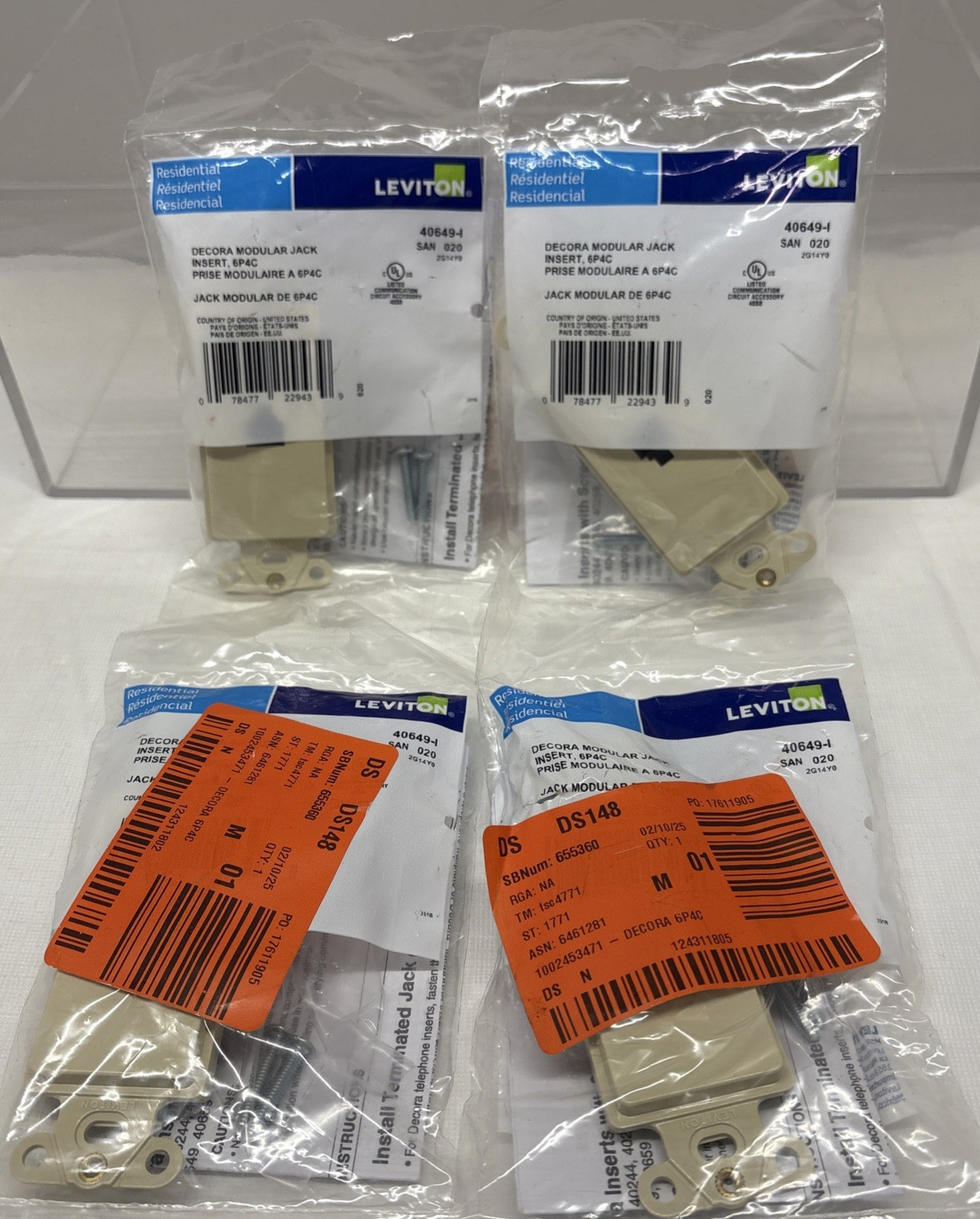 4 X LEVITON 40649-I DECORA MODULAR PHONE VOICE JACK INSERT, IVORY (B46