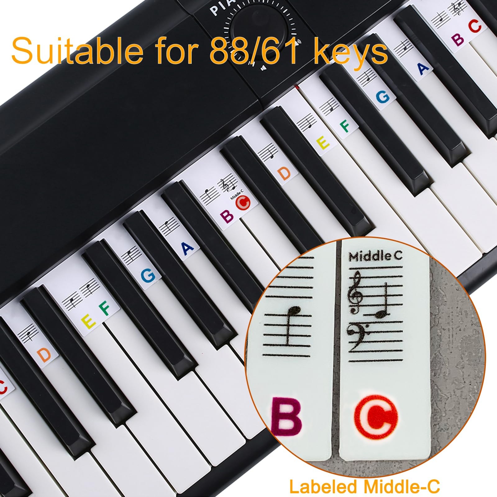 ZUFECY Piano Notes for Beginner, Removable 88-Key Full Size, Colorful