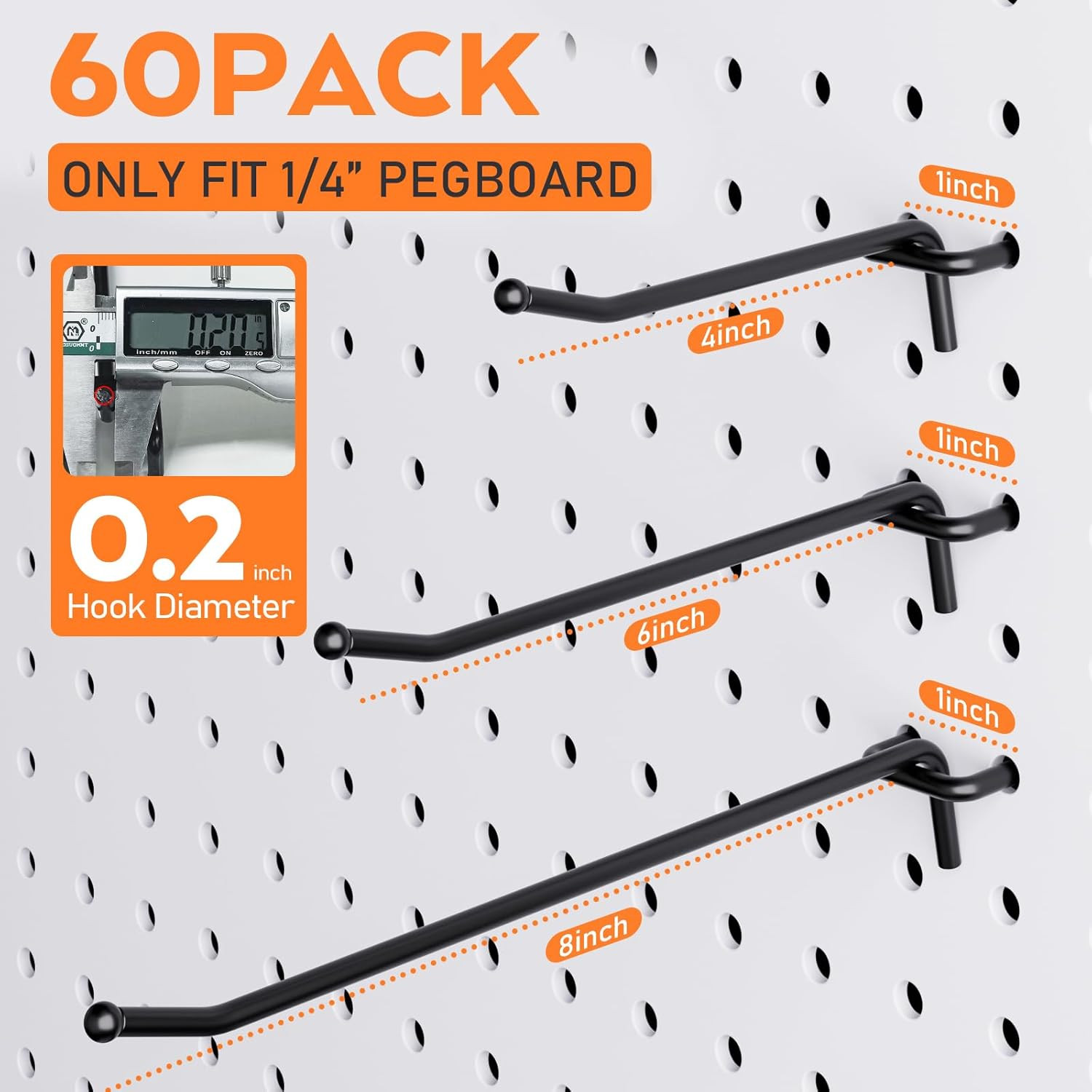 60 Pack 4/6/8 Inch Black Pegboard Hooks, 1/4" Heavy Duty Peg Board Shelving H...