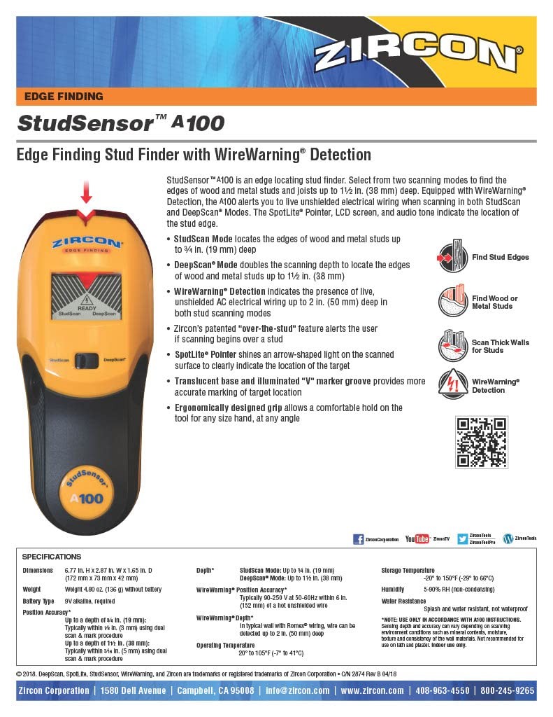 Zircon StudSensor A100 Wall Scanner and Center/Edge Locating Stud Finder with...