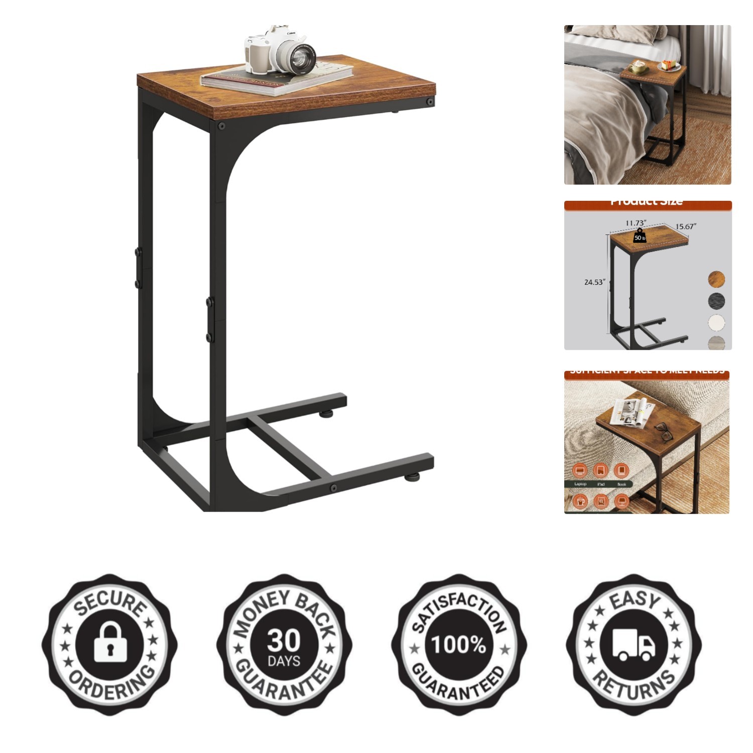 Compact and Stylish C Table with Metal Frame for Living Room or Bedroom