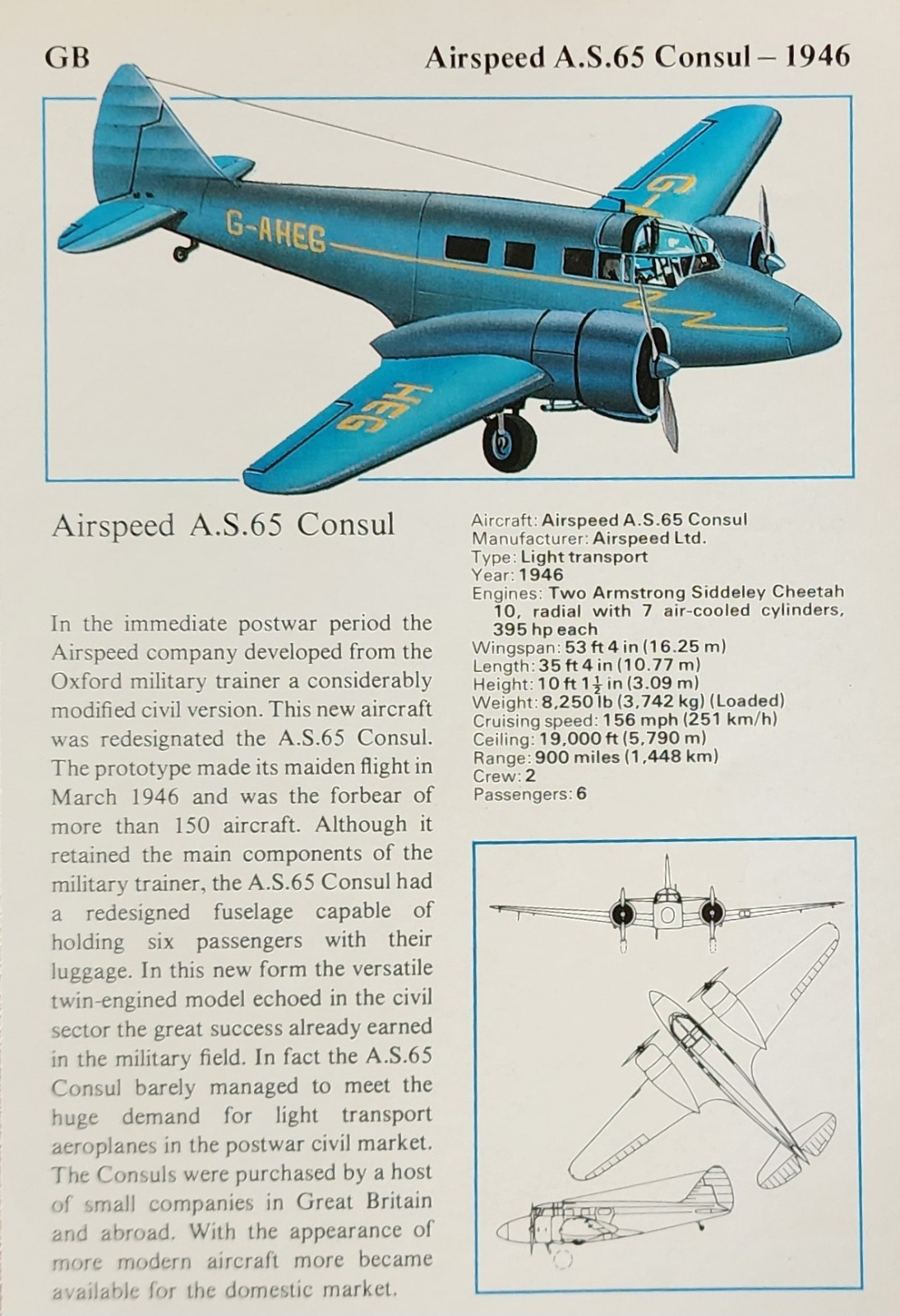 Airspeed Consul Plane Aircraft Picture Info Detail Vtg Original Article Sheet