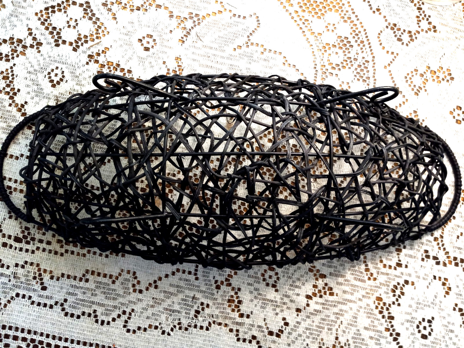 Basket Metal & Grapevine Oval Black 21" x 8.5" Handled Footed