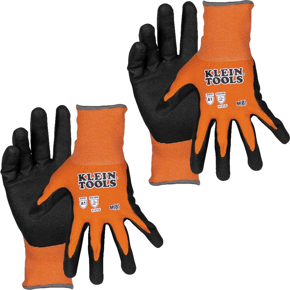KLEIN TOOLS 60580 Work Gloves, Knit Dipped Cut Resistant Medium, Orange/Black