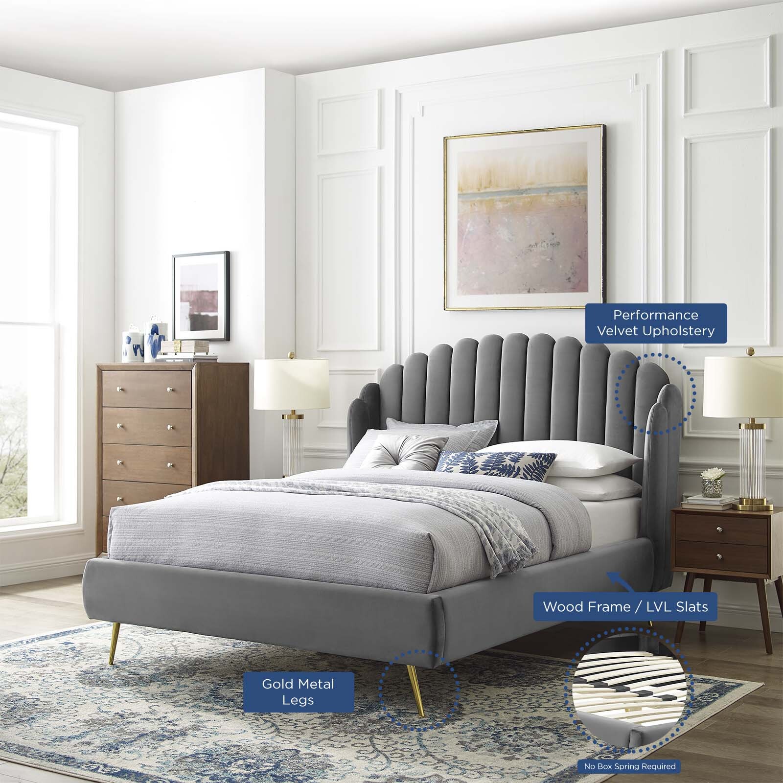 Modway Lana Performance Velvet Queen Wingback Platform Bed in Gray