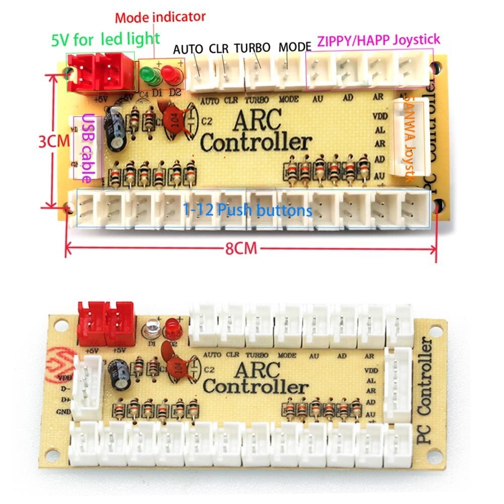 2XUSB Arcade Encoder Zero Delay PC to Joystick 5Pin MAME Sanwa Push Button+Cable