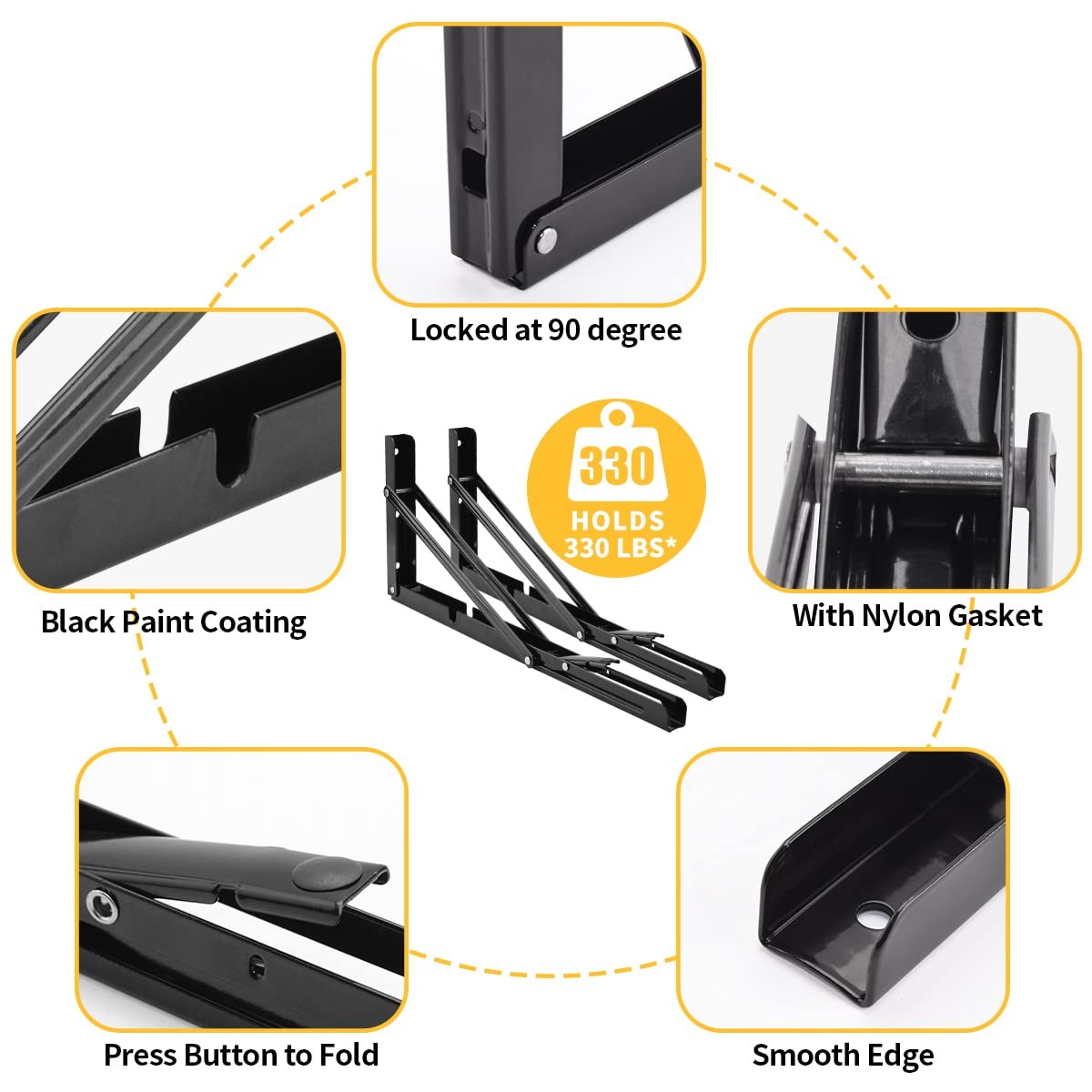 2 Pack 16 Inch Black Heavy Duty Collapsible Shelf Bracket L Bracket Hinge